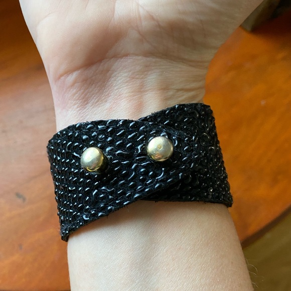 Black Leather Wrist Cuff Bracelet - Picture 2 of 5